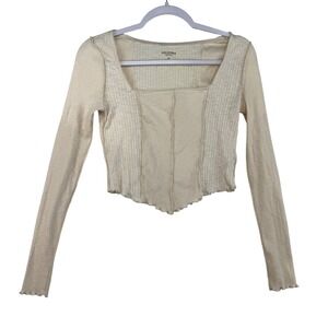Arizona Jean Co Womens Cream Ribbed Corset Top Square Neck Lettuce Hem Medium‎